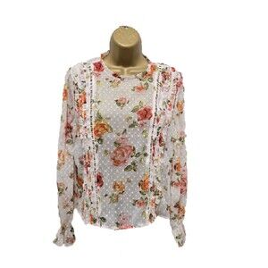 Sheer Blouse Womens Med Multicolor Fall Floral Cottage Fairy Ruffles Swiss Dot